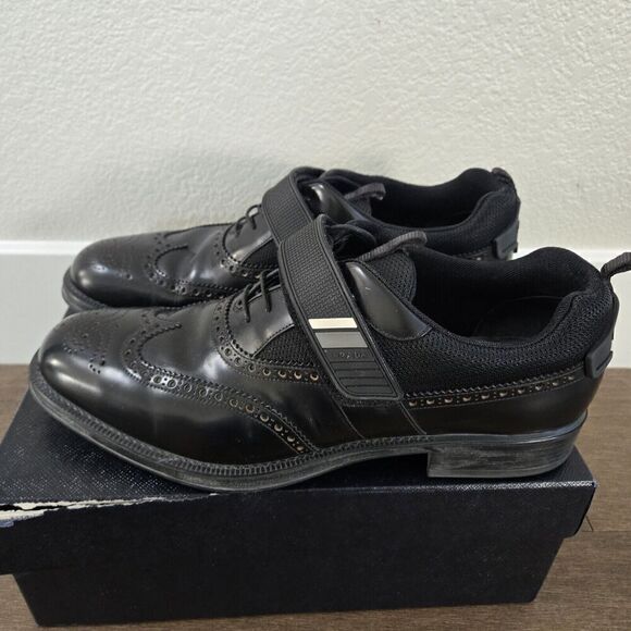 PRADA Black Leather Hook & Loop Men's Wingtin Brogues Oxfords Italy 12US - Picture 5 of 11